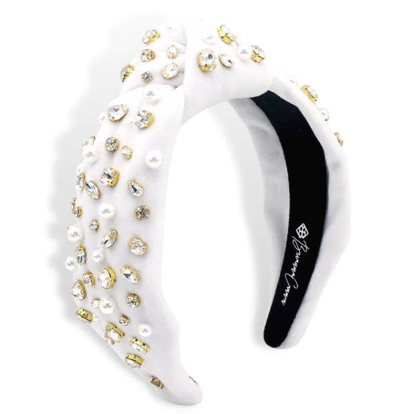 White Velvet Knotted Headband with Crystals and Pearls