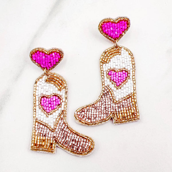 Pink Heart Beaded Boot Earrings