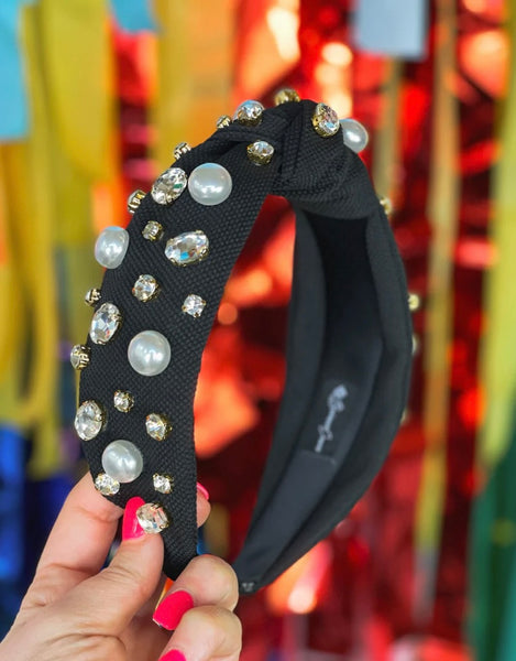 Black Twill Headbands with Large Pearls & Crystals