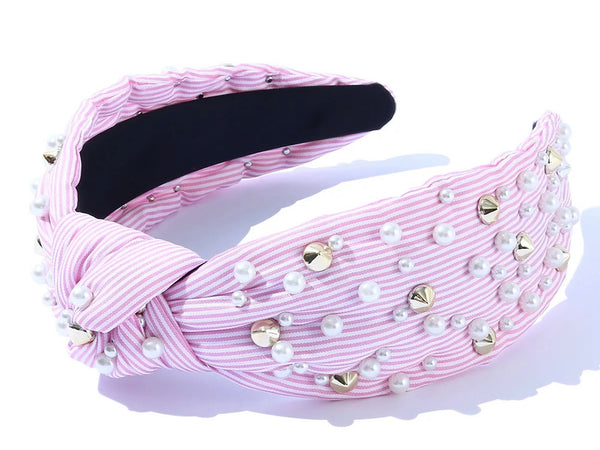 Pink Stripe Headbands with Pearl and Gold