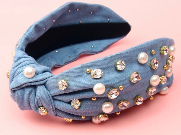 Blue Jean Headband with Pearl and Gold accents
