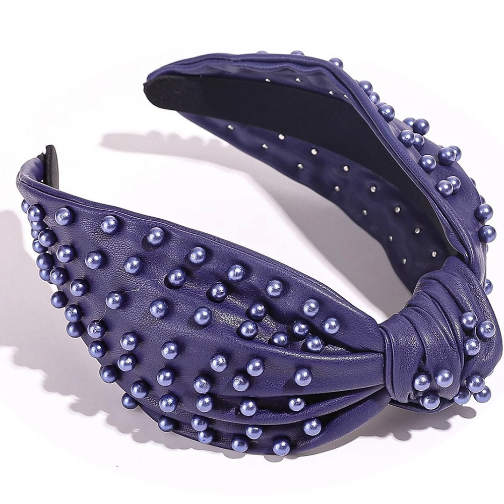 Blue Leather Headband w/ Blue Pearls