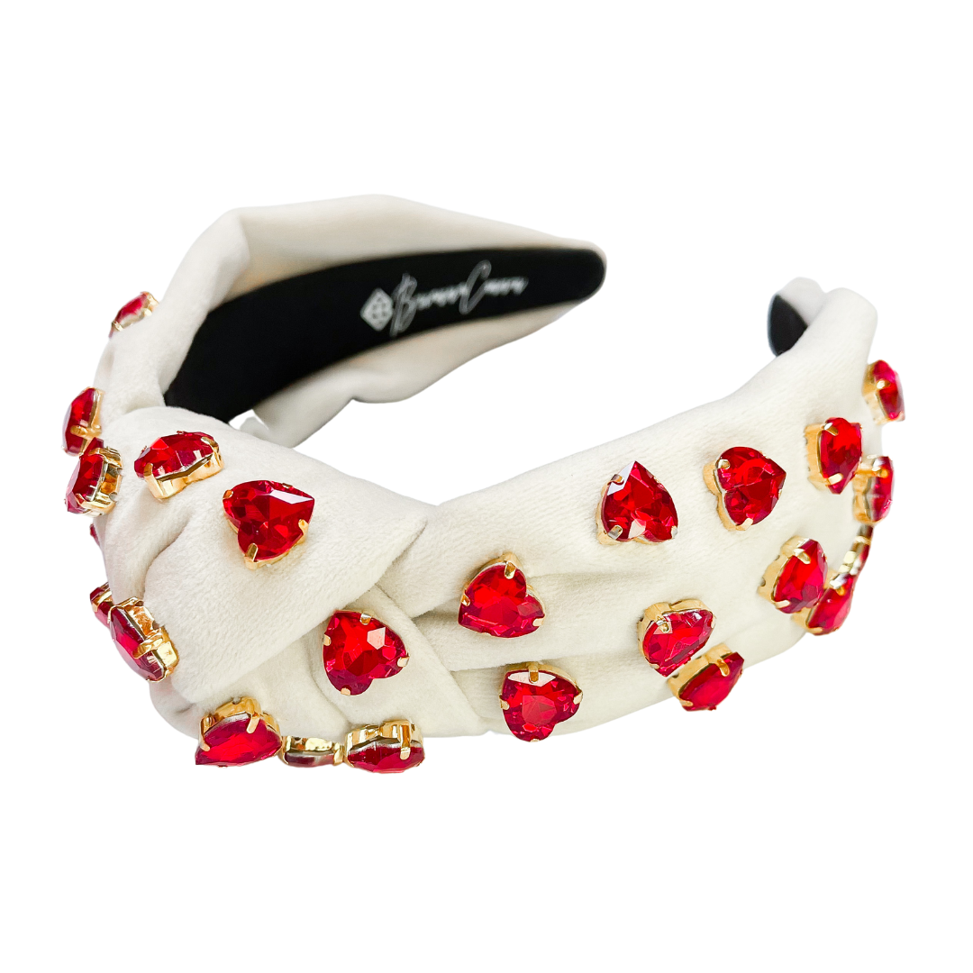 Ivory Velvet Headband with Red Heart