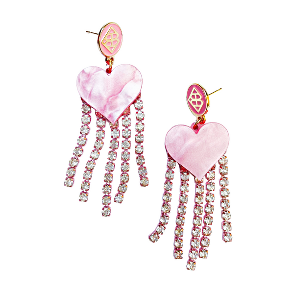 Pink Rhinestone Fringe Heart Earrings