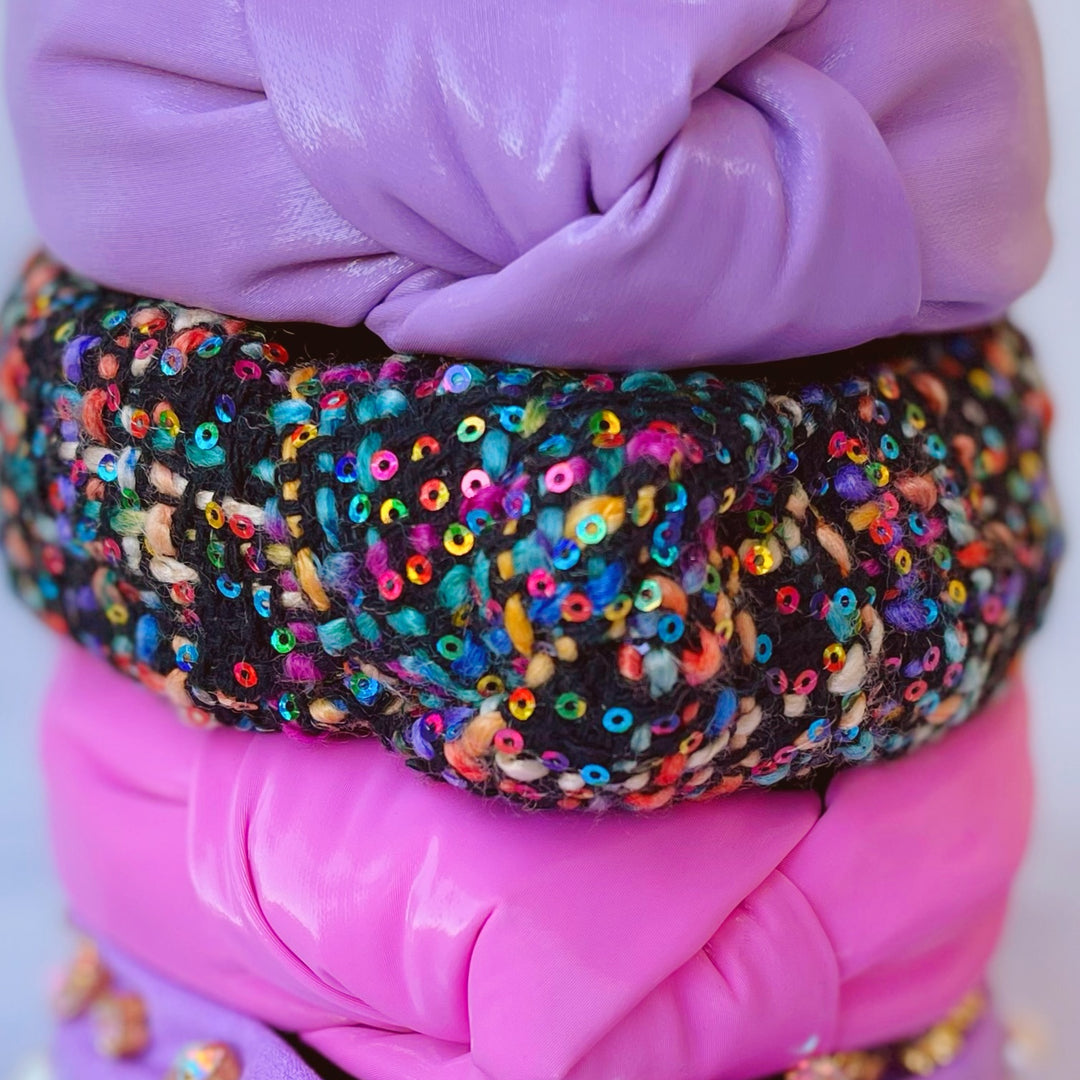 Rainbow Puff Knotted Headband w/ Multicolor Sequins
