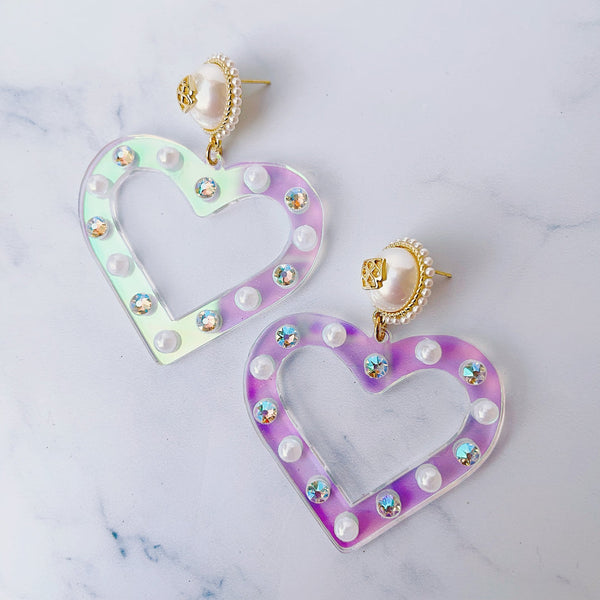Iridescent Heart Earrings with Pearls and Crystals