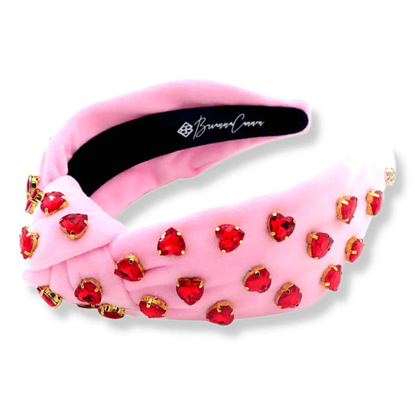 Pink Velvet Headband with Red Crystal Hearts