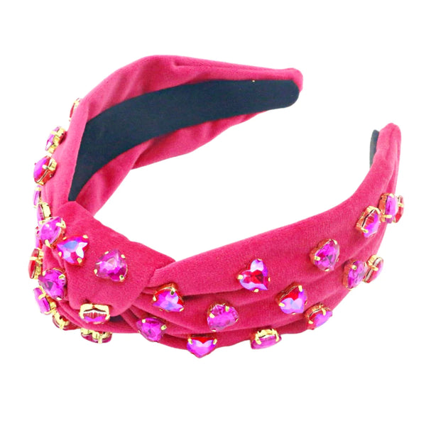 Hot Pink Velvet Headband with Hand Sewn Hot Pink Crystal Hearts