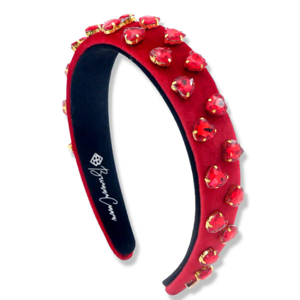 Thin Red Velvet Headband with Red Crystal Hearts